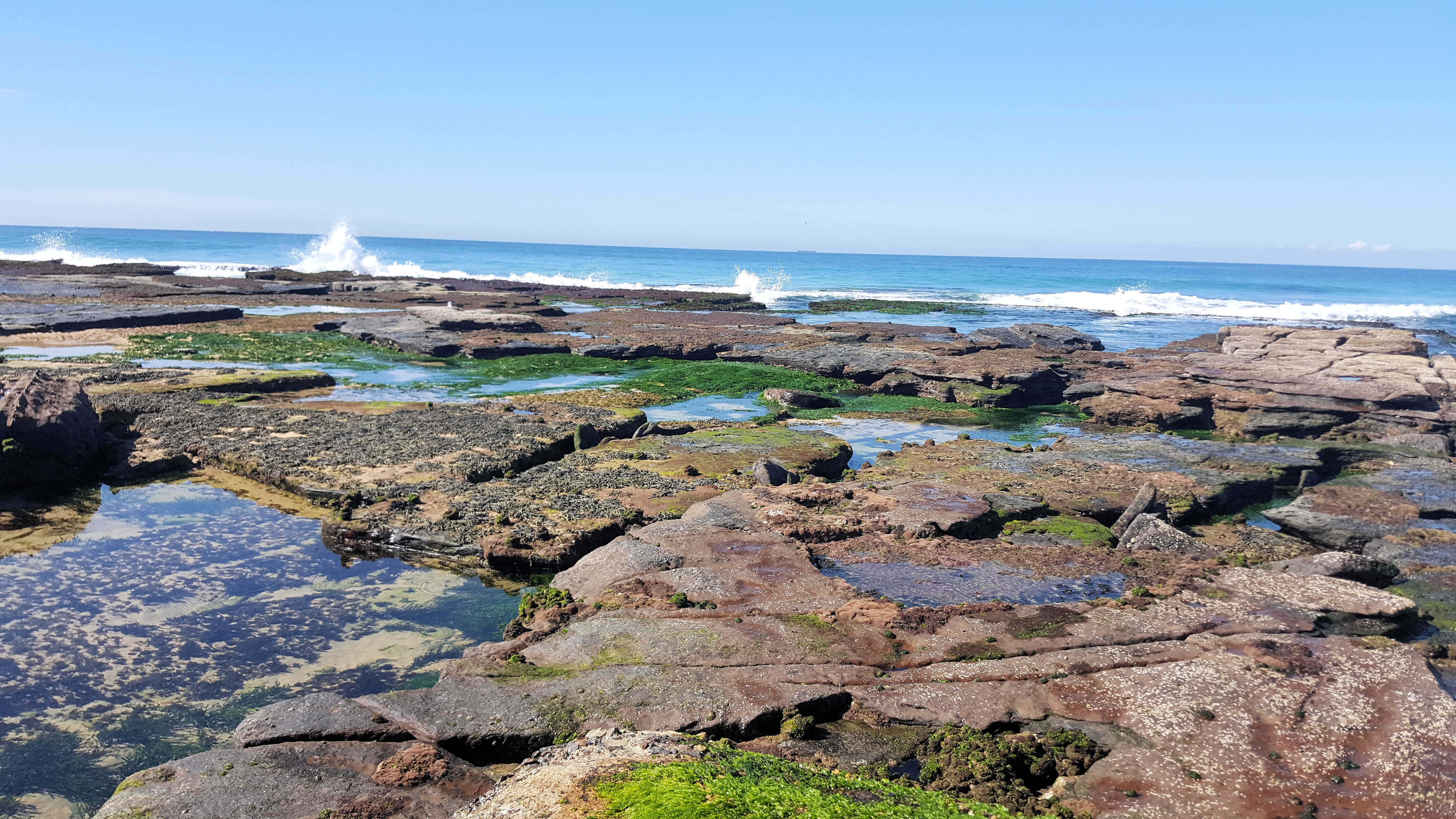 waves breaking over rocks with water pools in the foreground at Bar Beach Newcastle