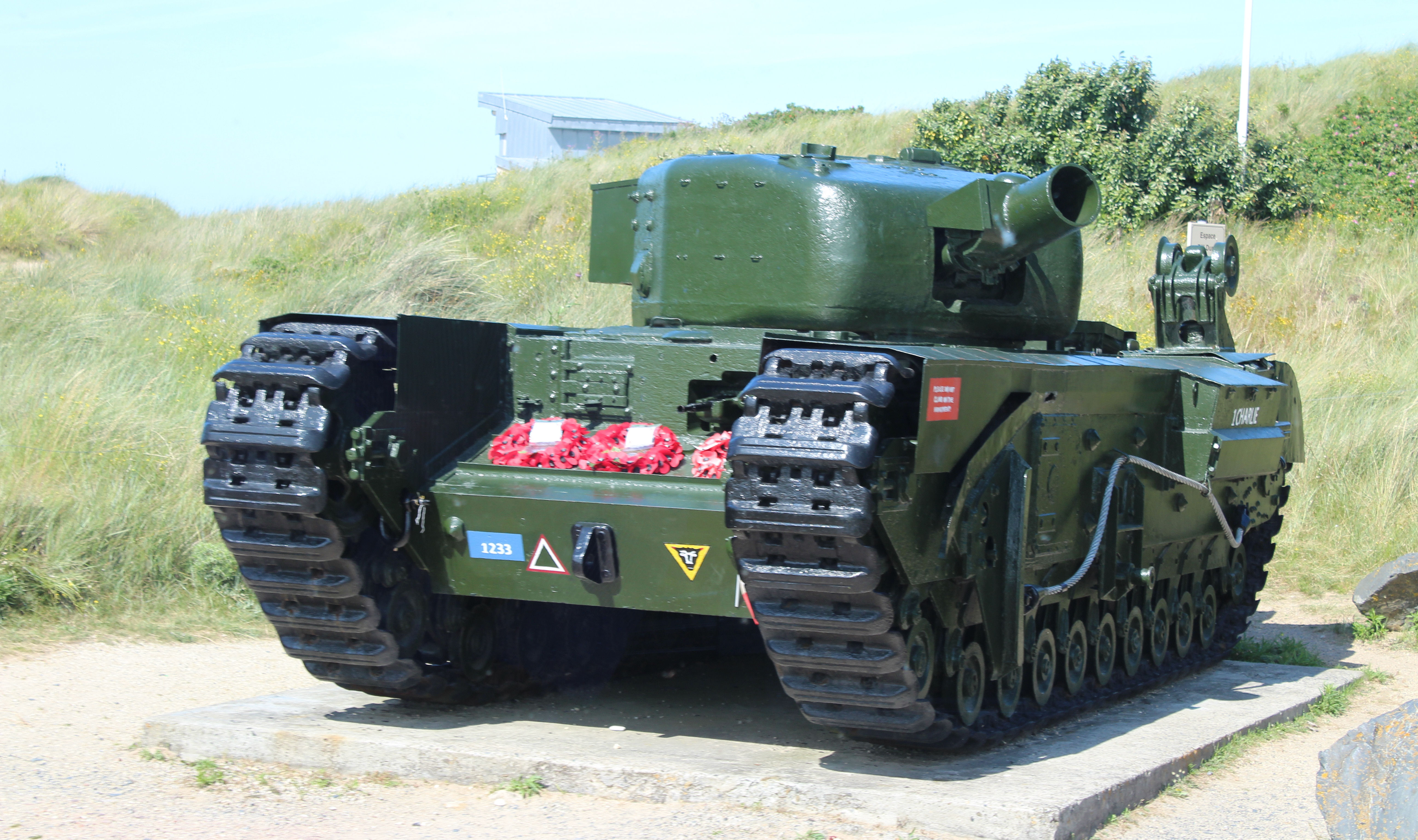 Churchill tank AVRE monument in Graye-sur-Mer, Calvados, Normandy, France.