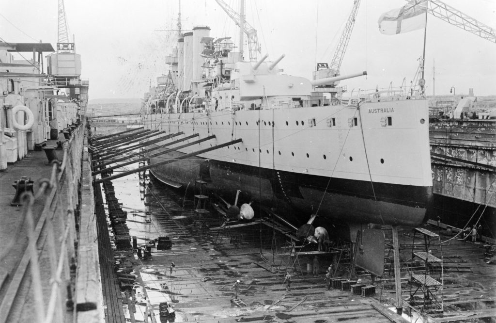 HMAS Australia (II) in dry dock, Malta, December 1935.