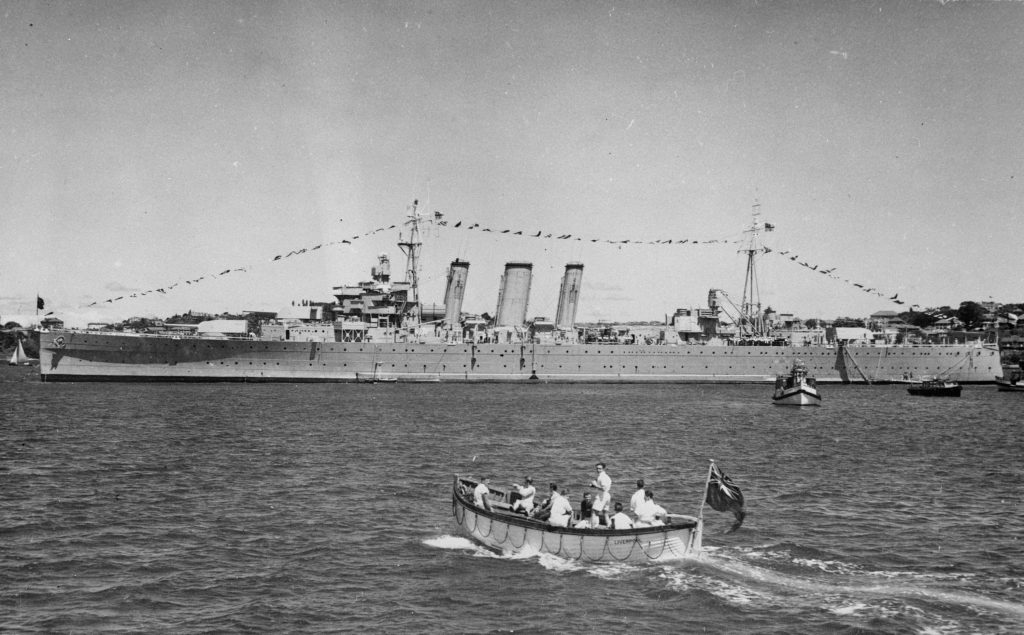 HMAS Australia II in Sydney Harbour for the arrival of Her Majesty Queen Elizabeth II with His Royal Highness Prince Phillip The Duke of Edinburgh on the 3rd February 1954.