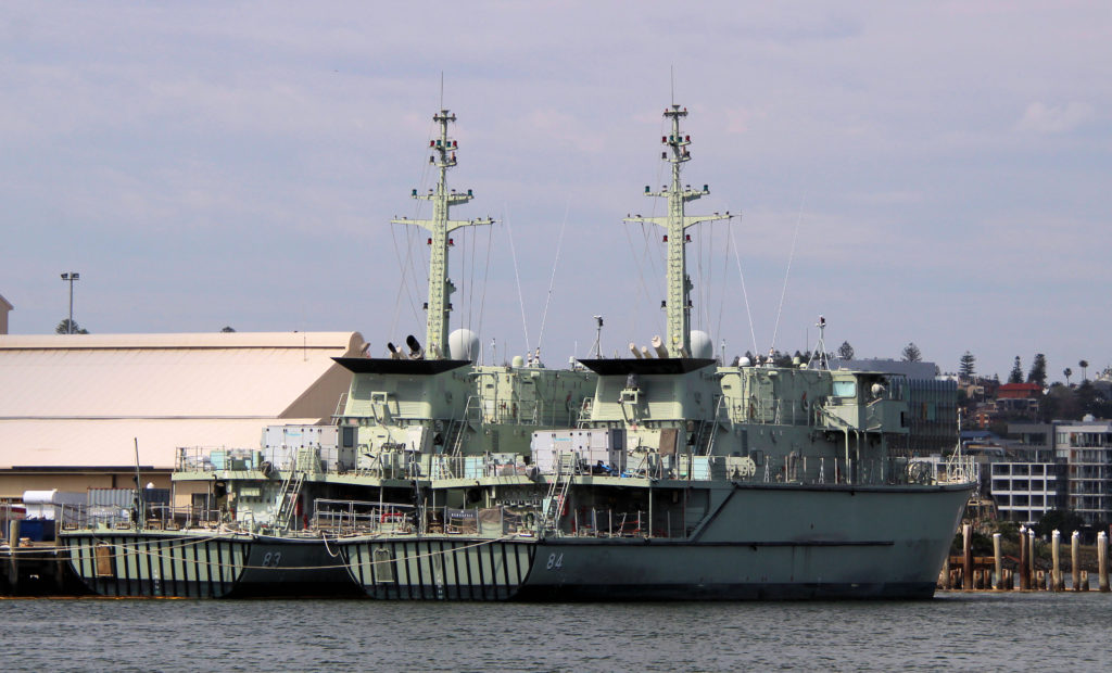 Huon-class minehunters HMAS Norman M84 (Right) with HMAS Hawkesbury M83 (Left)