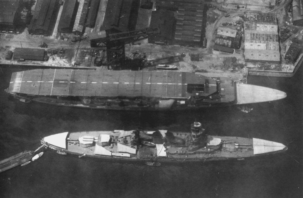 Akagi and battleship Nagato at Yokosuka Naval Arsenal, Japan, 15 Aug 1927