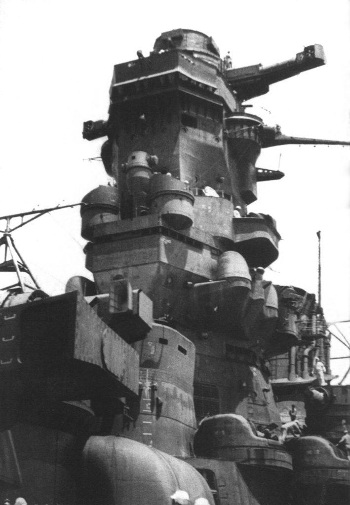 Battleship Musashi's superstructure during its trials between Tokuyama and Kure, Japan, Jun-Jul 1942