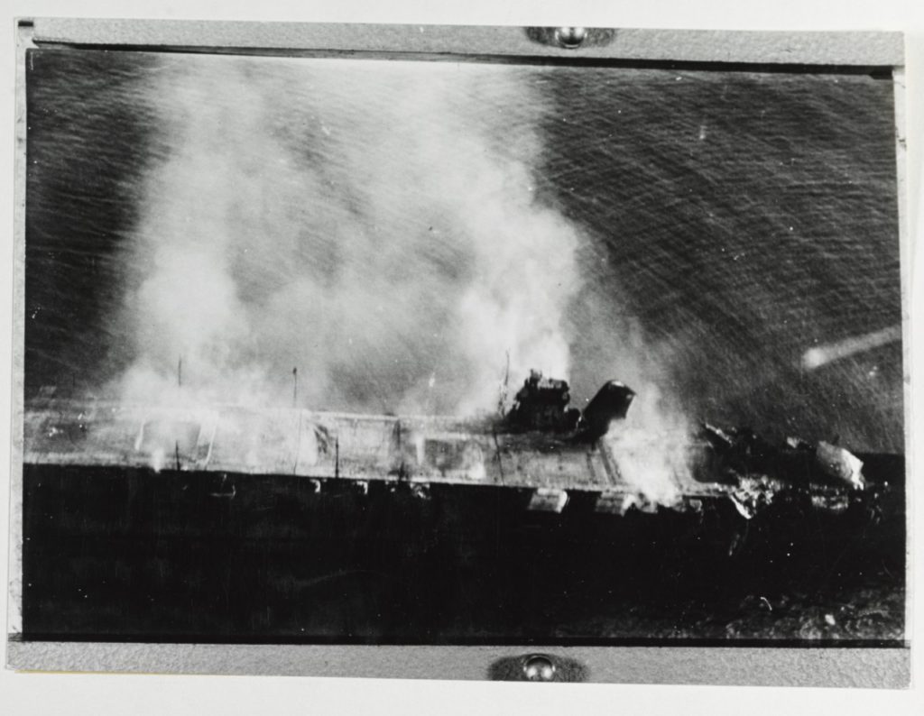 Hiryu burning, shortly after sunrise on 5 June 1942