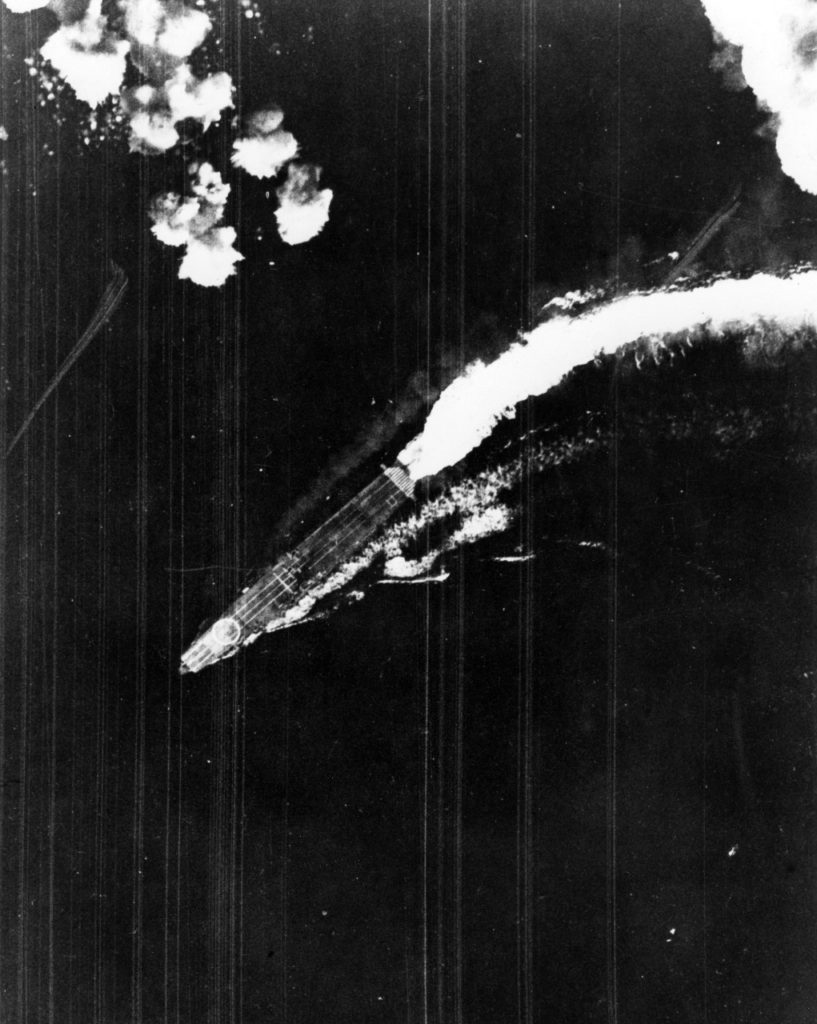 Hiryu maneuvering during a high-level bombing attack by USAAF B-17 bombers, shortly after 8AM, 4 June 1942