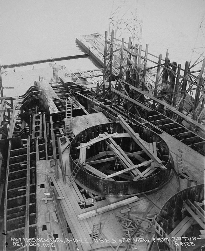 View from 3rd turret of the Indiana (BB-50) looking aft New York Navy Yard, Brooklyn, New York, 10 March 1922.