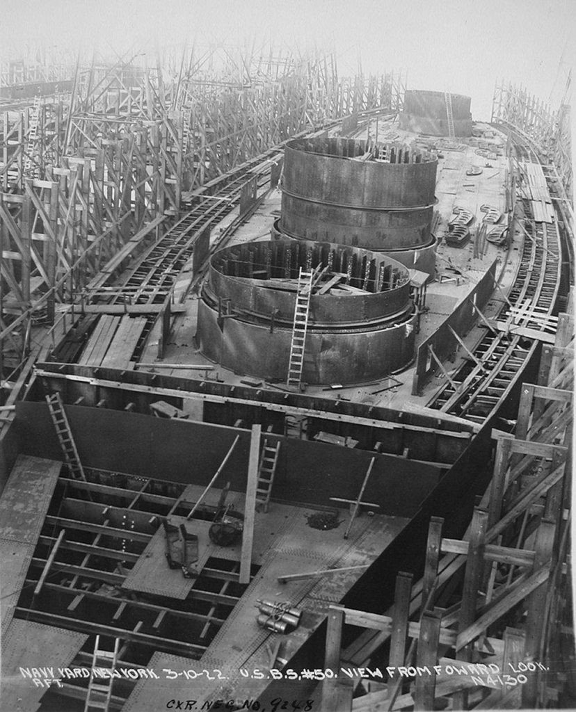 View from forward of the Indiana (BB-50) looking aft New York Navy Yard, Brooklyn, New York, 10 March 1922.