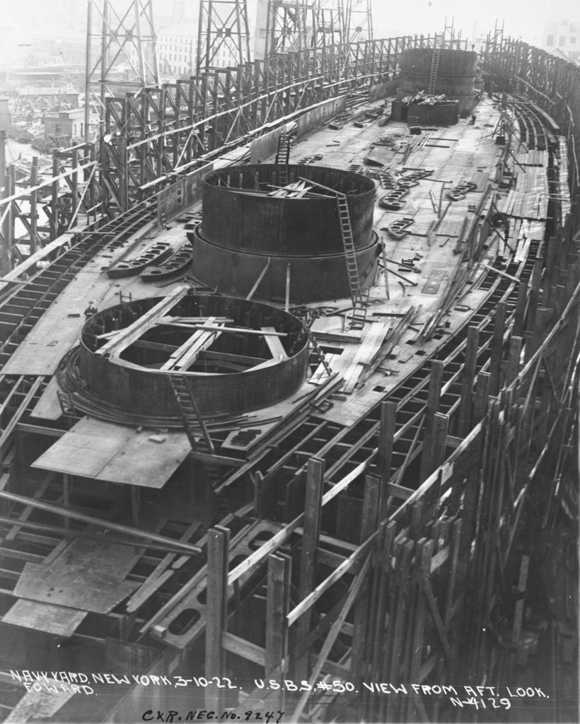 View of the Indiana (BB-50) from aft looking forward New York Navy Yard, Brooklyn, New York, 10 March 1922.