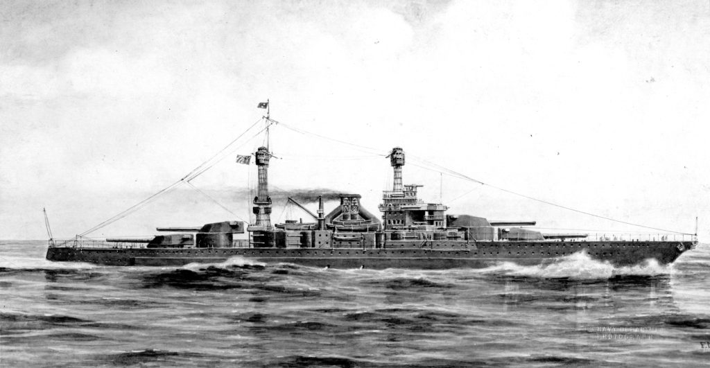 Artwork by F. Muller, circa 1920. The ships of this class, whose construction was cancelled in 1922 under the terms of the Naval Limitations Treaty, were: South Dakota (BB-49); Indiana (BB-50); Montana (BB-51); North Carolina (BB-52); Iowa (BB-53); Massachusetts (BB-54); U.S. Naval History and Heritage Command Photograph.