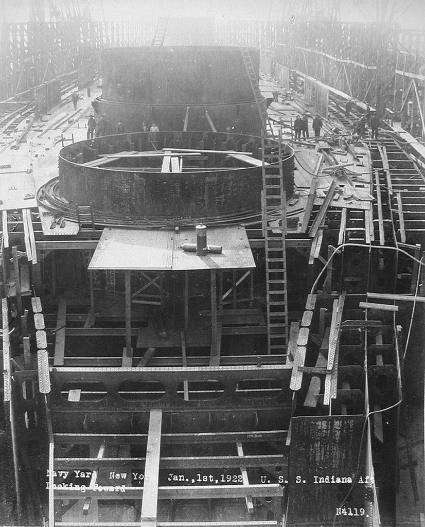 View of the Indiana (BB-50) aft looking forward at the New York Navy Yard, Brooklyn, New York, 1 January 1922