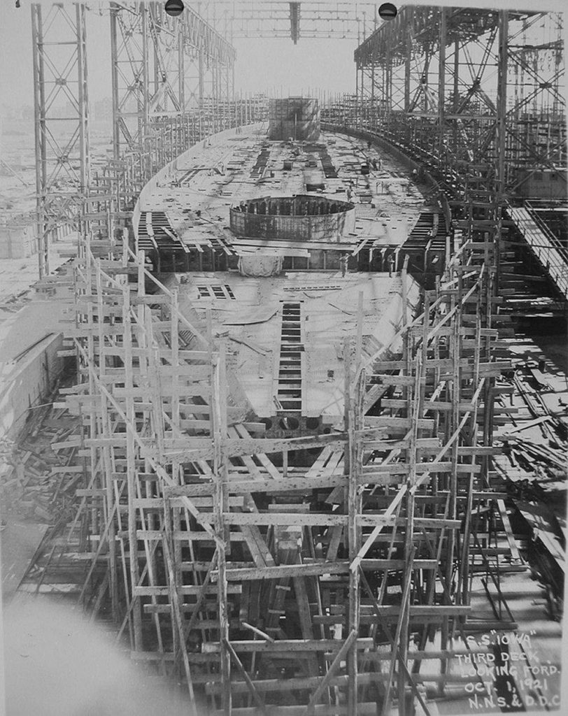 Iowas (BB-53) third deck is almost completley built in this view looking forward from her bow at Newport News Shipbuilding & Drydock Co., 1 October 1921