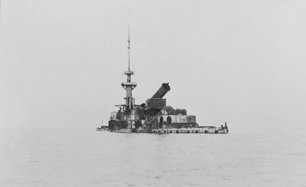 Coastal Battleship 1 photographed after her destruction in aircraft bombing tests, circa 1920