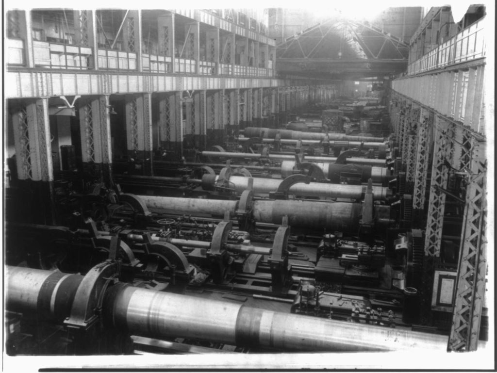 Scene in the Naval Gun Shop, Washington, D.C. 10 February 1922. 16-inch guns under construction.