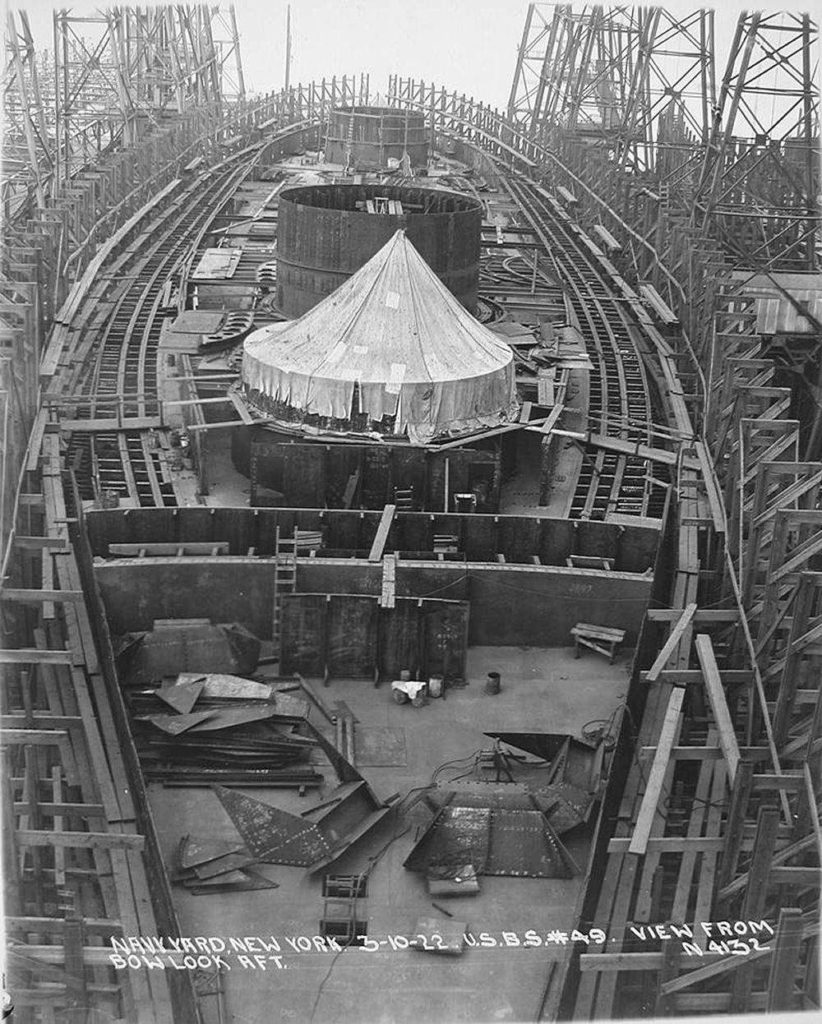 View from bow looking aft of the South Dakota (BB-49) at the New York Navy Yard, 10 March 1922