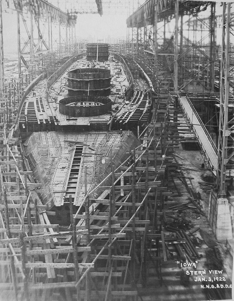 View of the Iowas (BB-53) stern, on 3 January 1922. The outermost main turret casing has been recently constructed