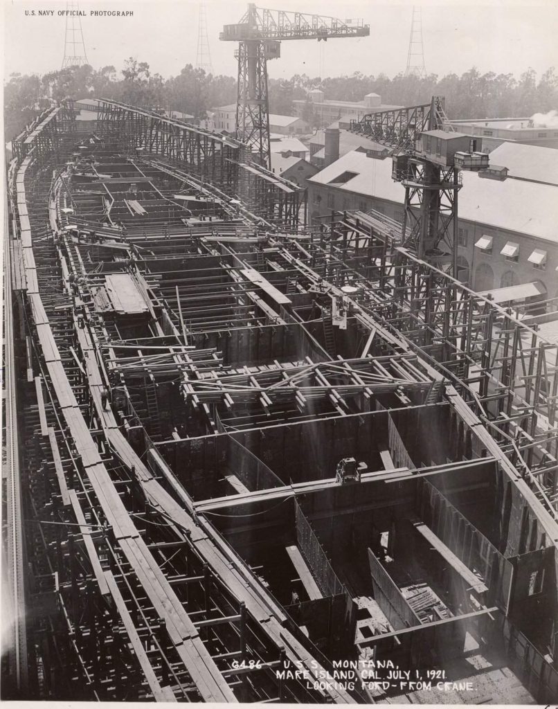 View of the Montana (BB-51) under construction at Mare Island Naval Shipyard on 1 July 1921