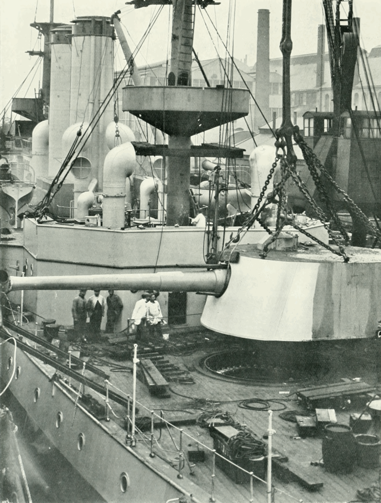 A 21 cm gun being fitted to the Norwegian ship Eidsvold at Armstrong Whitworth, Elswick.