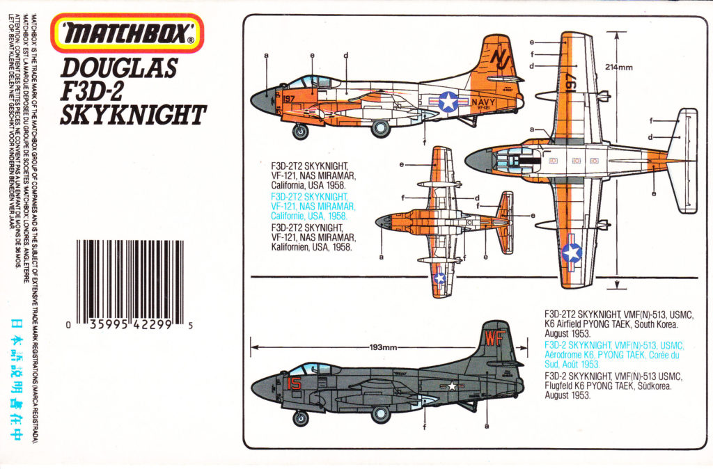 Douglas F3D-2 SkyKnight 1/72 Scale Model by Matchbox Pyong Taek Korea Aug 1953 Painting Instructions