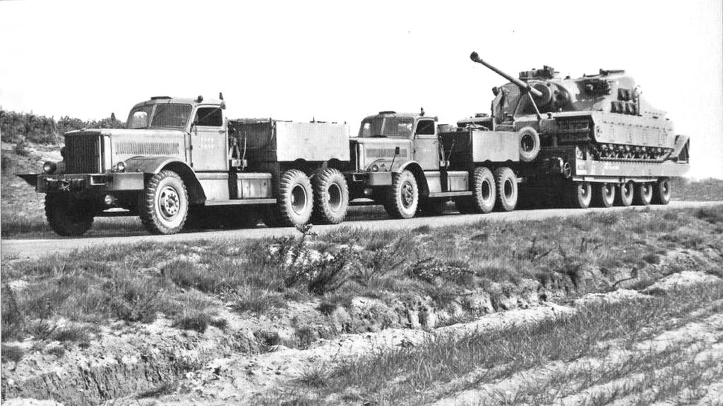 A39 Tortoise on 80-ton tilt-bed trailer, double-headed by Diamond-Ts, during trials in BAOR, 1948