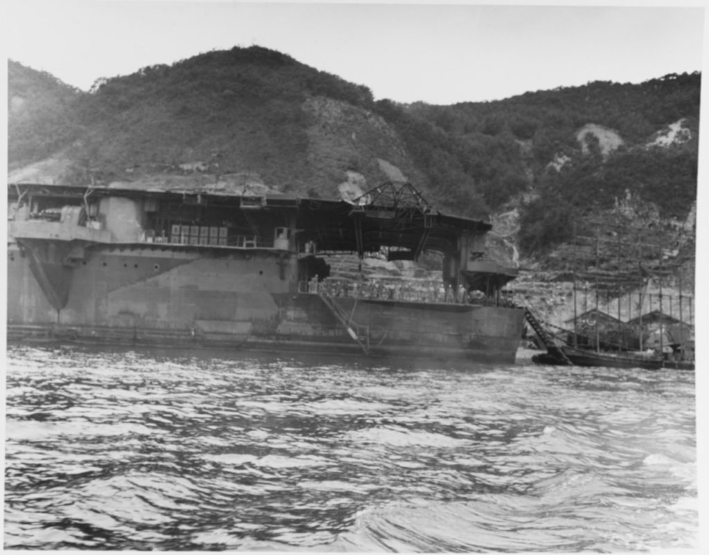 Stern of the damaged Ryuho, at Kure, Japan on 9 October 1945.