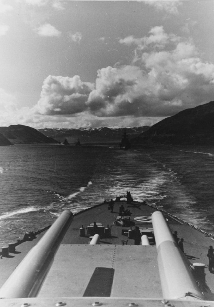 Photographed from the battleship Tirpitz. Closest large ship is the heavy cruiser Admiral Hipper. Further back is the Admiral Scheer