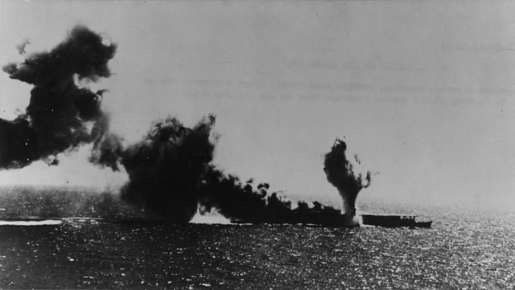 Shoho is torpedoed, during attacks by U.S. Navy carrier aircraft in the late morning of 7 May 1942