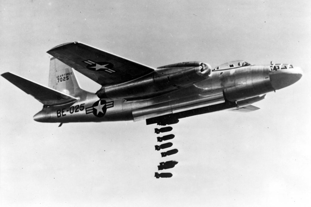 North American B-45A-5-NA (S/N 47-025) in flight dropping bombs