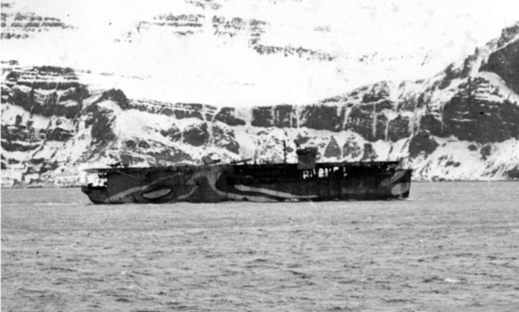 HMS Dasher at Hvalfjord, Iceland in February 1943 with convoy JW53