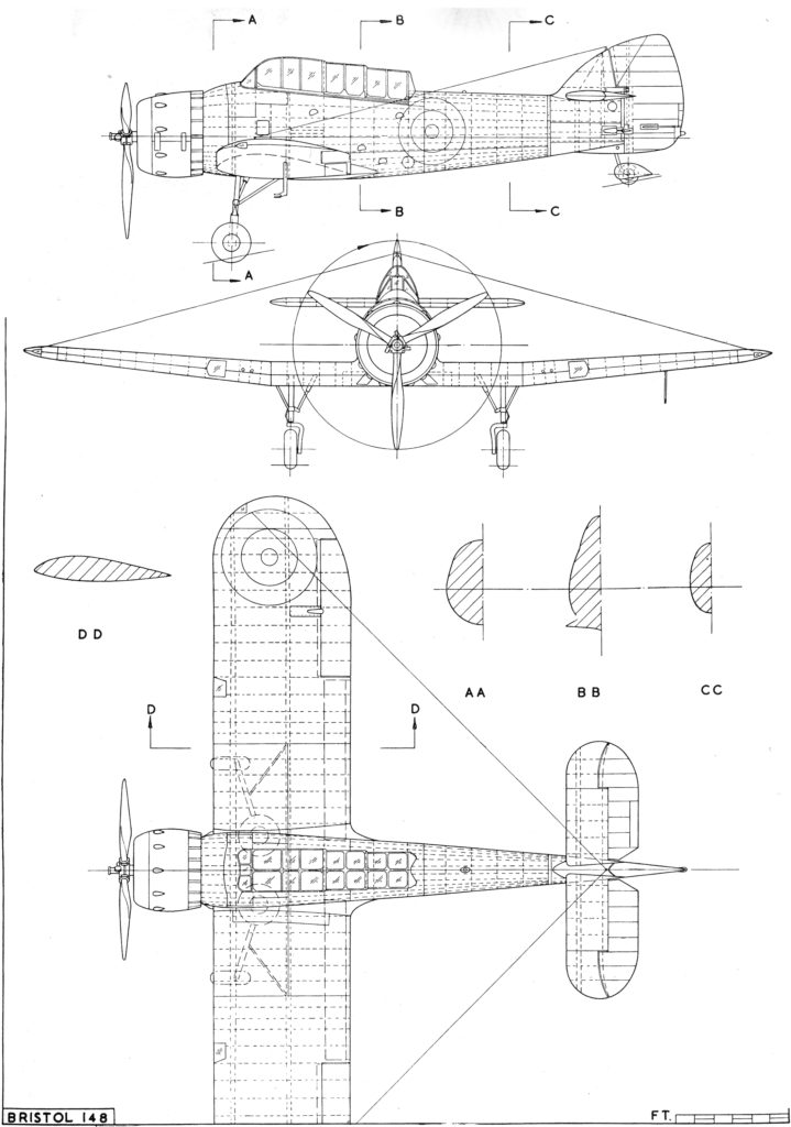 Bristol 148 Three-View Drawing