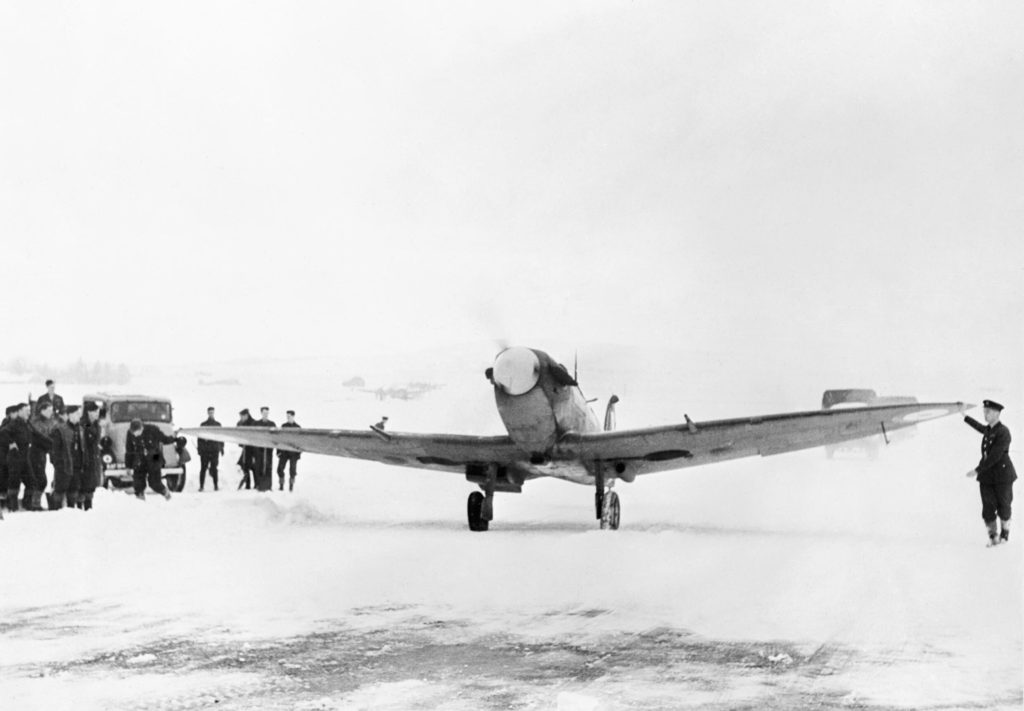 Supermarine Spitfire Mk. VI of No. 603 Squadron taxiing out at Dyce in Scotland for a convoy patrol