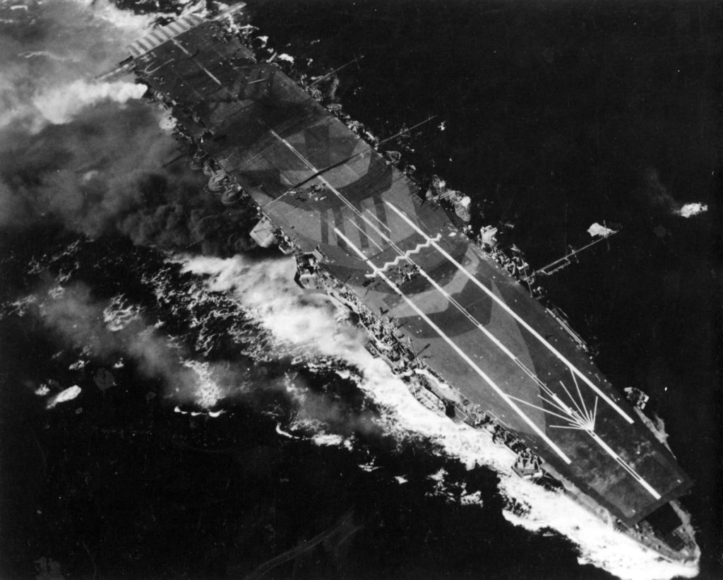 Zuihō pictured during the Battle of Cape Engano. Note the battle damage to her flight deck