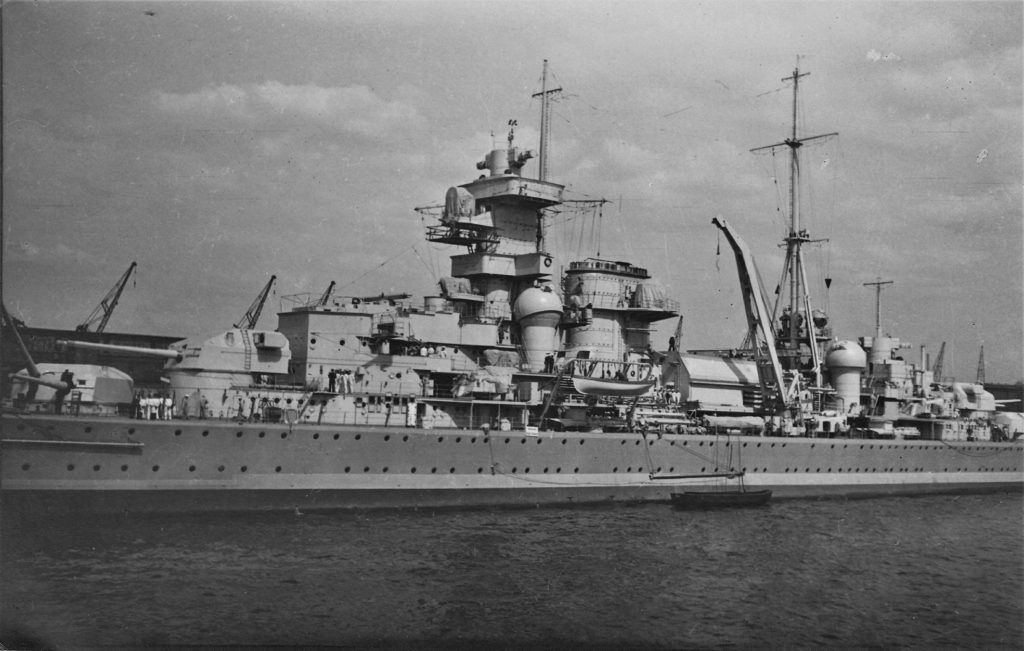 Close up of the midships of the German heavy cruiser Admiral Hipper, photographed in Hamburg, May 1939