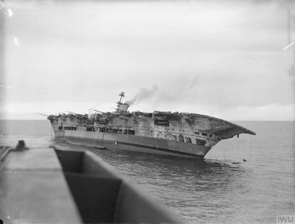 HMS Ark Royal listing to starboard after being hit by U-81, Nov 13, 1941