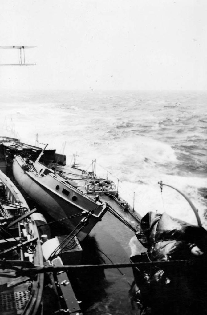 March 1937 A dislodged motor boat on HMS Barham.