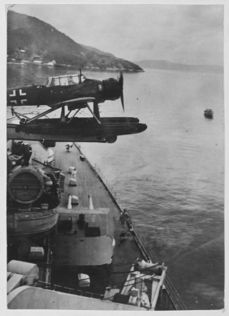 View taken circa 1940, showing a catapult launch of an Arado 196 seaplane