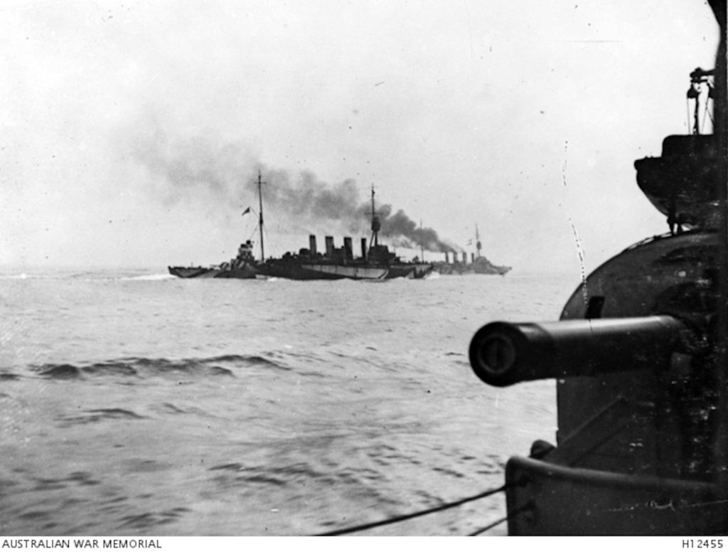 At Sea. c. 1915. Australian Navy cruiser HMAS Melbourne (I) with British Navy cruiser HMS Southampton