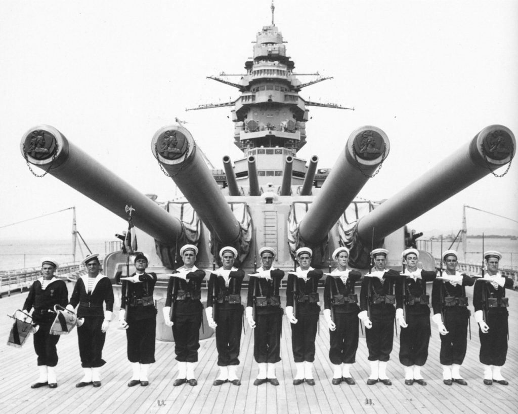 Honour Guard of Strasbourg in front of her 13-inch main battery, circa 1941