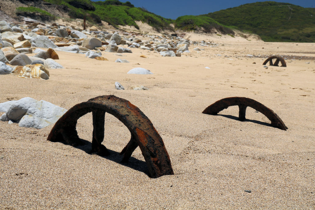 Rusting Rail Wheels Buried in the Sand at Burwood Beach