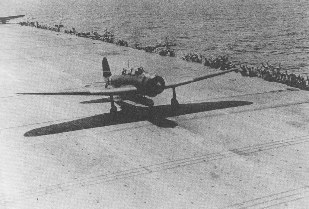 Nakajima B5N2 torpedo bomber takes off from Zuikaku on May 8, 1942