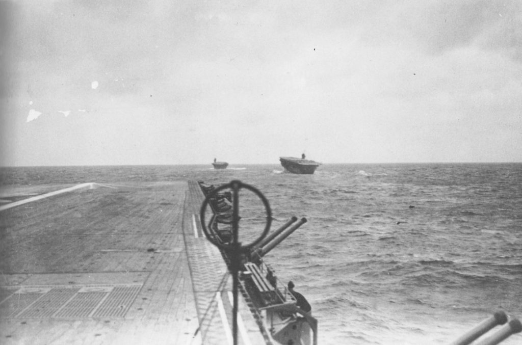 Zuikaku (foreground), Kaga (near background) and Akagi (far background) head for Pearl Harbor