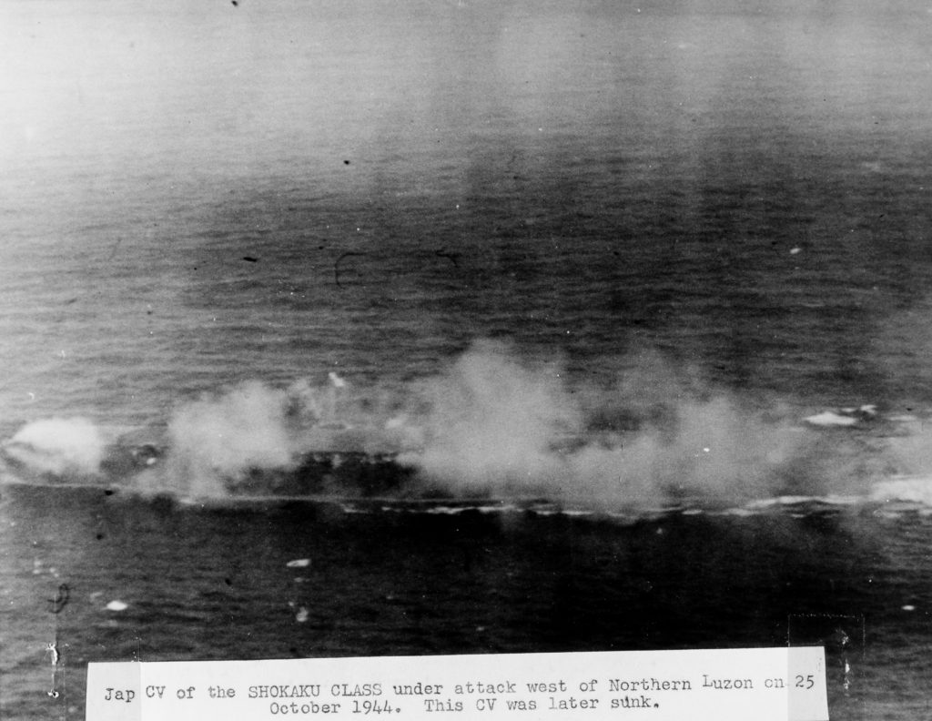 Zuikaku under attack and smoking, though still under way, 25 October 1944