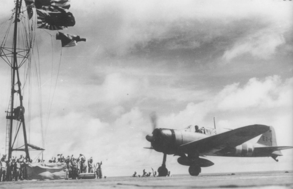 Mitsubishi A6M2b Zero fighter EII-111 from the Zuikaku takes off during the attack on Pearl Harbor.