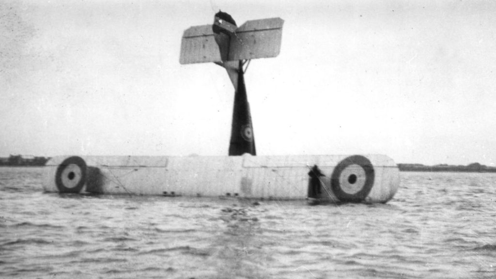 The prototype P5 Kingston following its first flight attempt, with its engineer awaiting rescue. It hit debris while attempting take-off