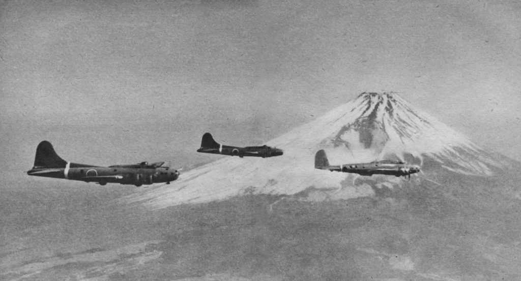 Three Captured Boeing B-17s flying near Mount Fuji