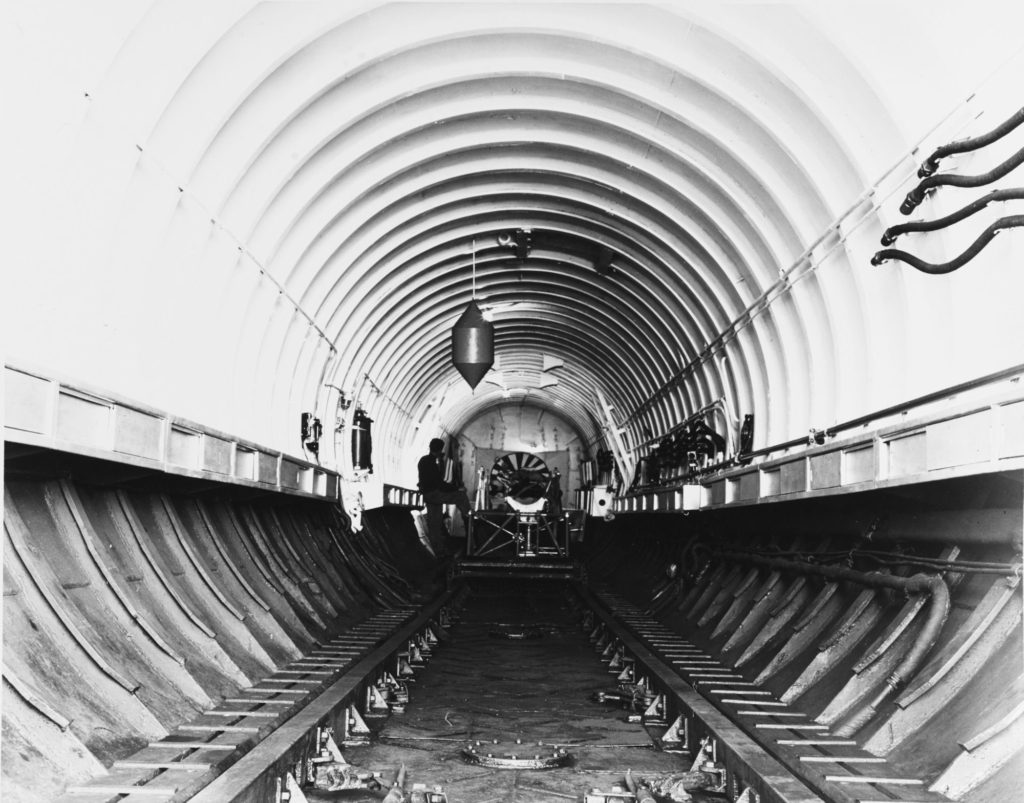 I-400, or I-401 Interior of the aircraft hangar, showing tracks for rolling planes out