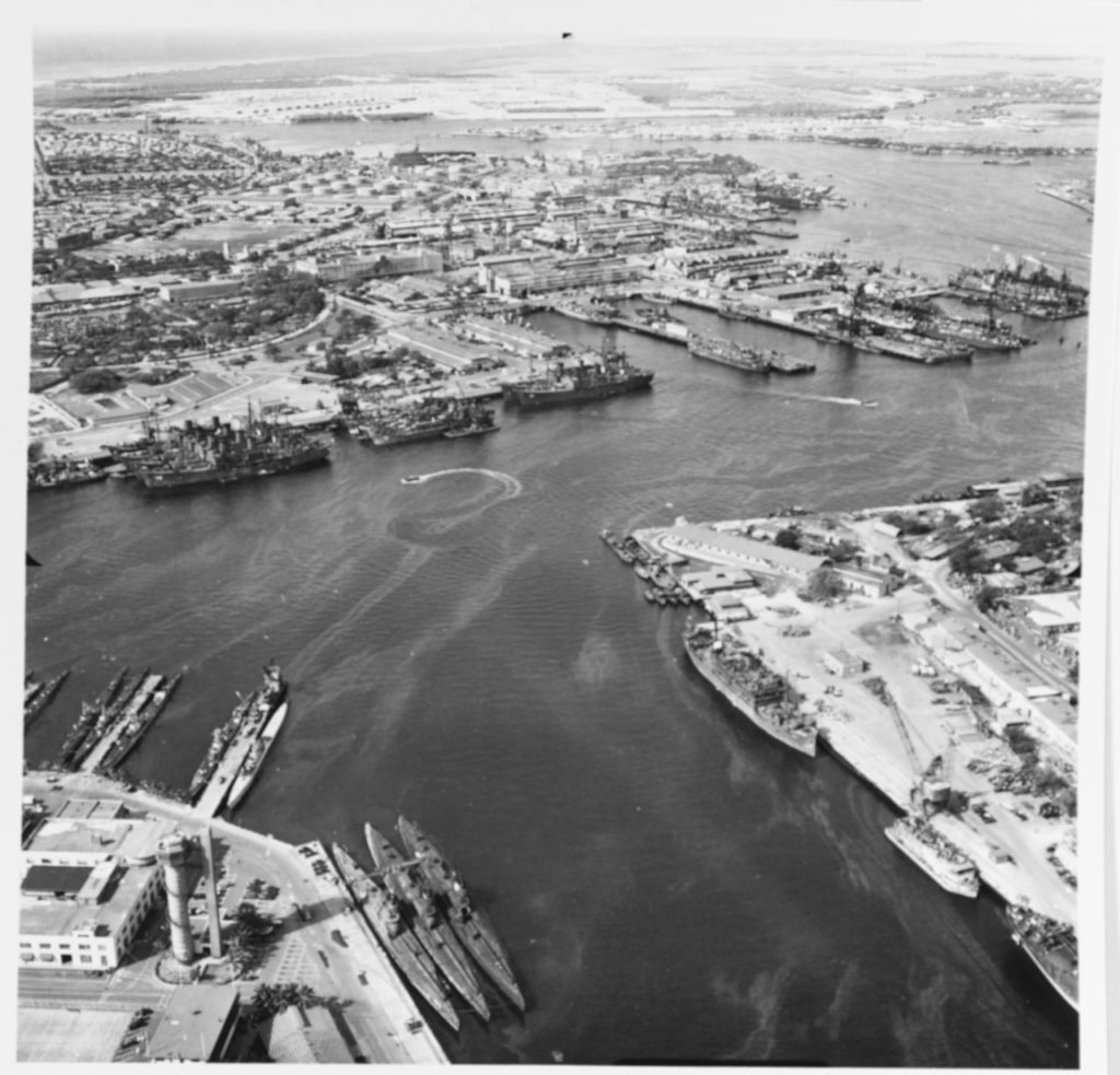 Ex-Japanese subs I-14, I-401, and I-400 are in lower left. At right centre is USS Bowditch 27 February 1946