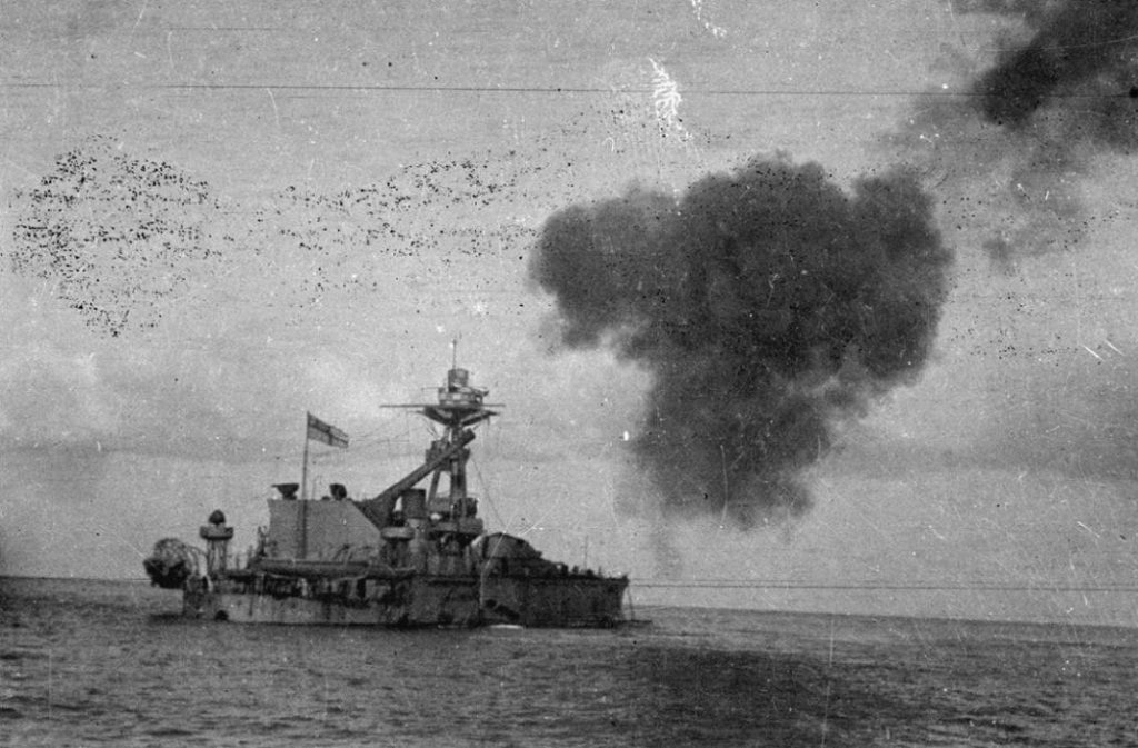 HMS General Wolfe bombarding German-occupied Belgium with her BL 18-inch Mk I in 1918