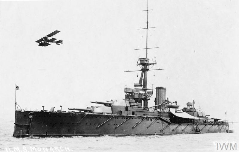 HMS Monarch in the Portsmouth area, a Short Type 184 overhead