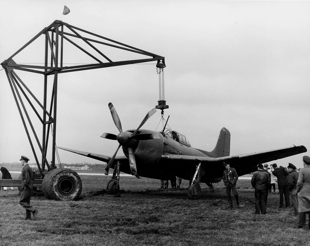 Curtiss XBTC-2 lifted by crane 1946