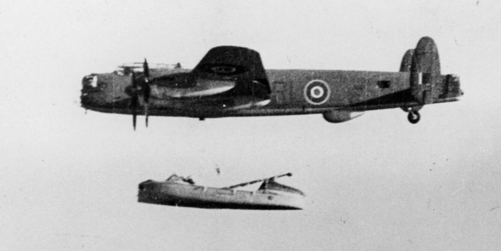 Avro Lancaster ASR Mk III RF324 of No. 279 Squadron RAF dropping lifeboat